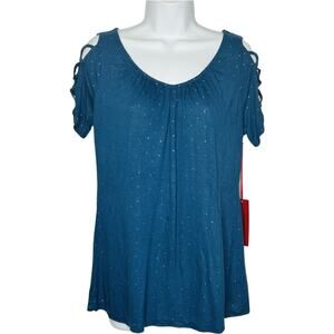 Jennifer Lopez Blue Studded Sexy Criss Cross Cut Out Short Sleeve Top S NEW Tags